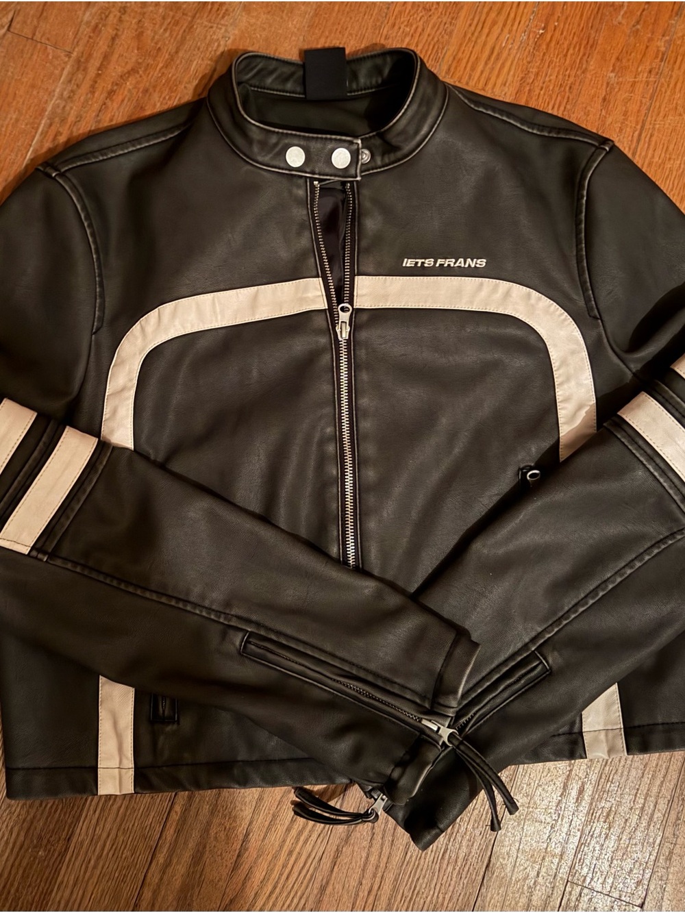 Iets Frans Black Leather Motorcycle Jacket with Whiteish-Cream Lining